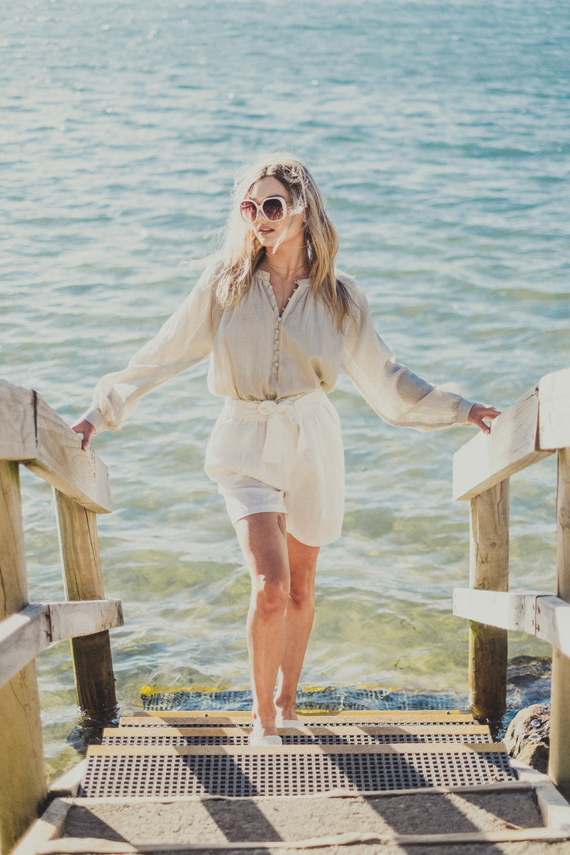 sage green seville gypsy peasant style blouse and linen like belted shorts with side pockets and elastic waist at Jipsi Cartel in Milton NSW