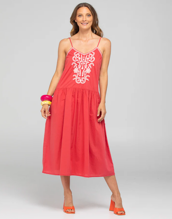 Ahana midi dress by boom shankar is a red cotton strappy dress with pink embroidery