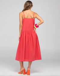 Ahana midi dress by boom shankar is a red cotton strappy dress with pink embroidery