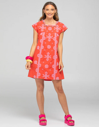 the amore dress by boom shankar is a red with pink embroidery boho tunic style dress