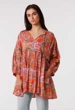 a cotton block print bohemian style tunic top in pink orange