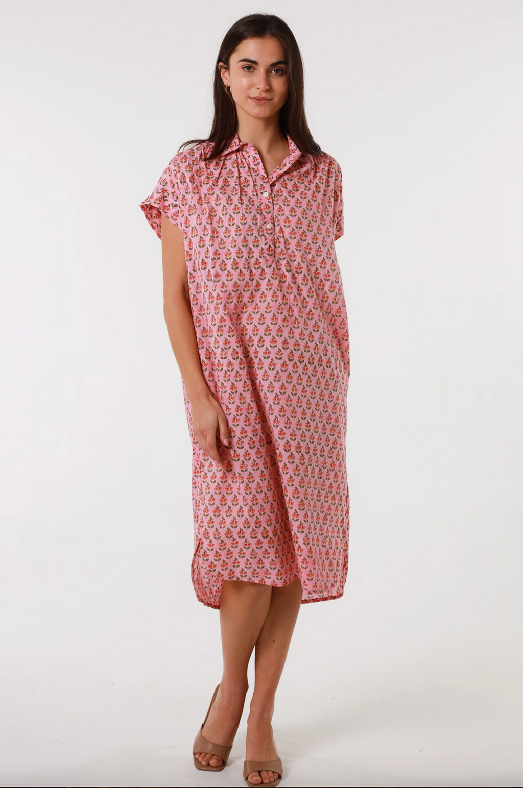 a pink cotton bohemian block print tunic dress