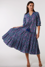 a midi length floral block print cotton bohemian dress