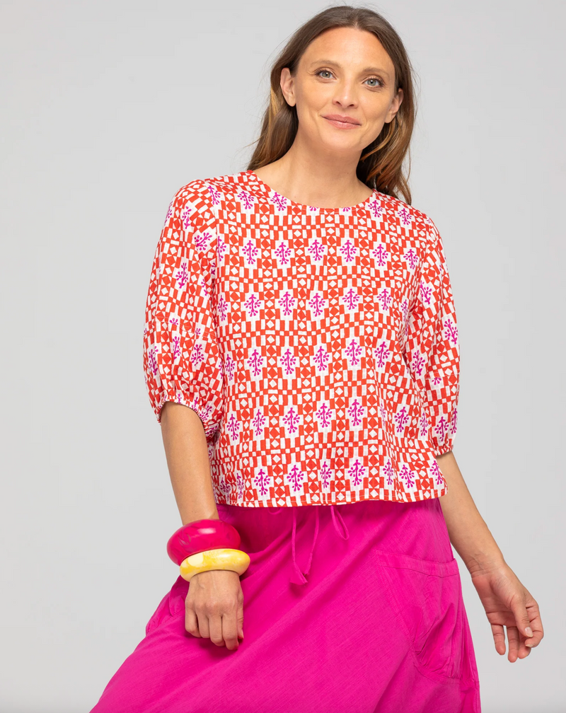 the ava top by boom shankar is a red and white block print  cotton top