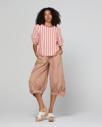 The Ava top by Boom Shankar is a washed watermelon and white stripe cotton seersucker blouse for women
