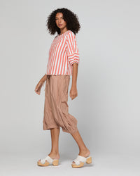 The Ava top by Boom Shankar is a washed watermelon and white stripe boho cotton seersucker blouse for women