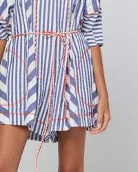 Lucia playsuit by Boom Shankar is a blue and white striped boho short suit made from cotton seersucker