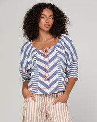 The Lucia Top by Boom Shankar is a washed blue and white stripe cotton seersucker blouse for women