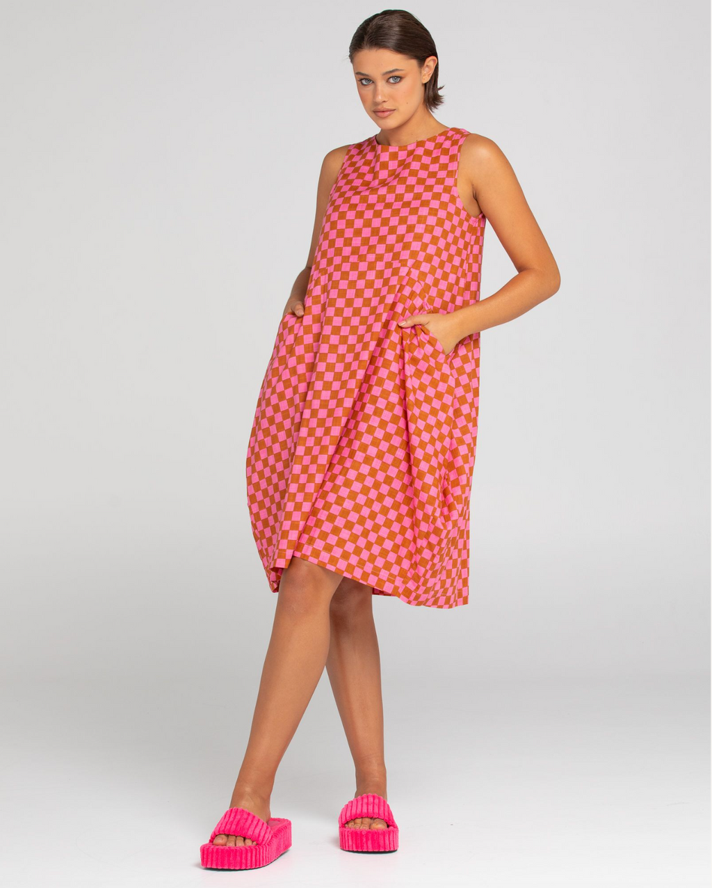 a pink and tan check sleeveless dress by boom shankar