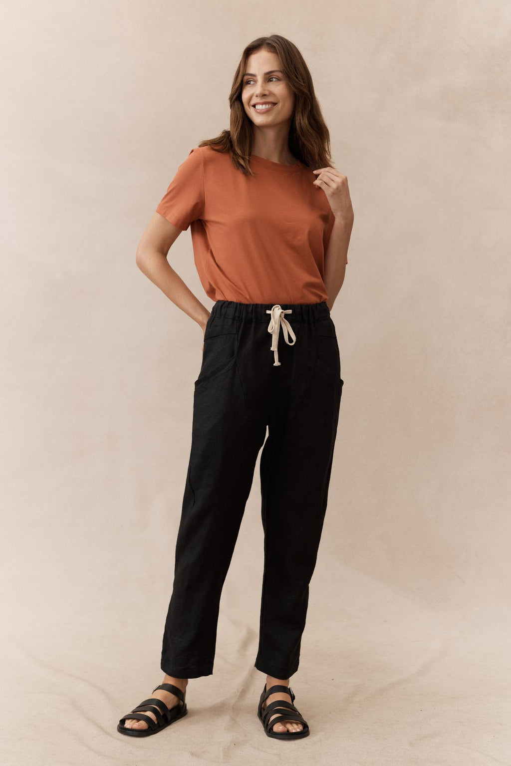 linen luxe pants by little lies are pull on elastic waist black pants