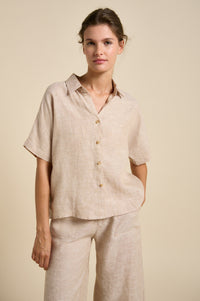 Little Lies Bondi Line Shirt in beige is a button up collared short sleeve top as part of a matching set