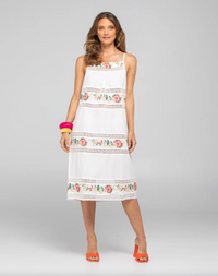 Bonita Dress by Boom Shankar is a white cotton midi dress with lace details and floral embroidery