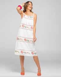 Bonita Dress by Boom Shankar is a white cotton midi dress with lace details and floral embroidery