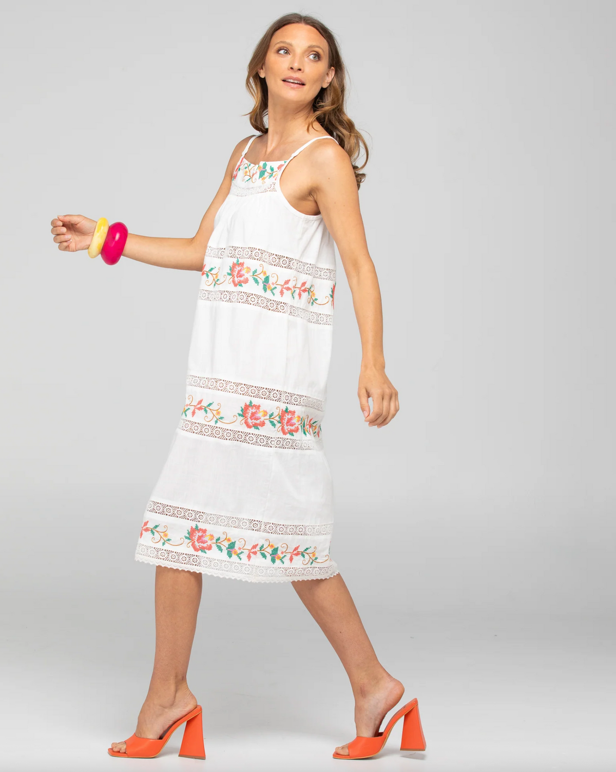 Bonita Dress by Boom Shankar is a white cotton midi dress with lace details and floral embroidery