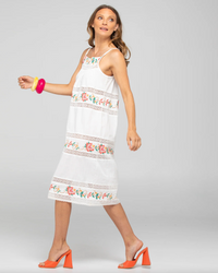 Bonita Dress by Boom Shankar is a white cotton midi dress with lace details and floral embroidery