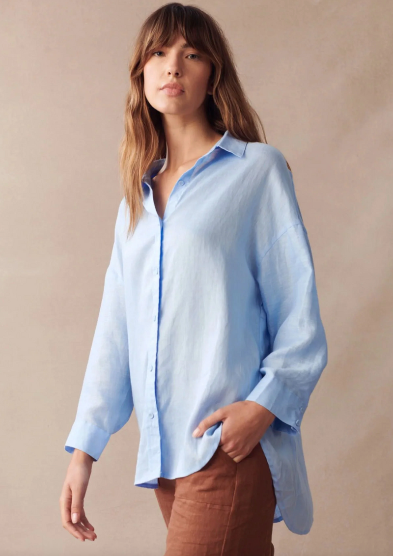 boyfriend shirt in pale blue by little lies is a button up linen collared top