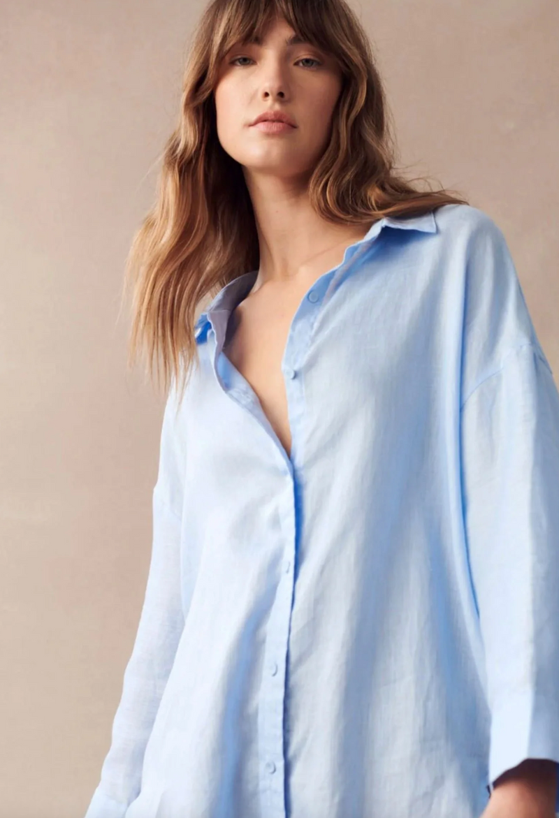 boyfriend shirt in pale blue by little lies is a casual everyday button up linen collared top