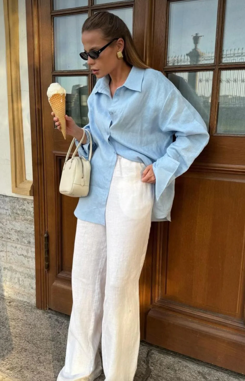 boyfriend shirt in pale blue by little lies is a button up linen collared top