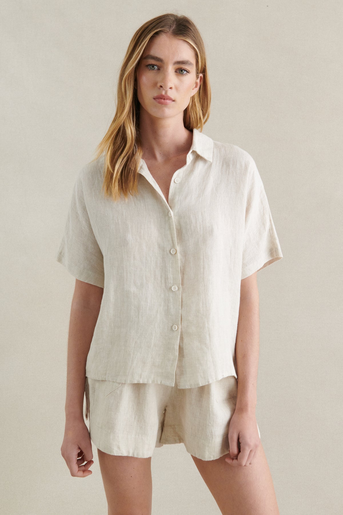 bronte linen shorts and shirt by little lies in natural
