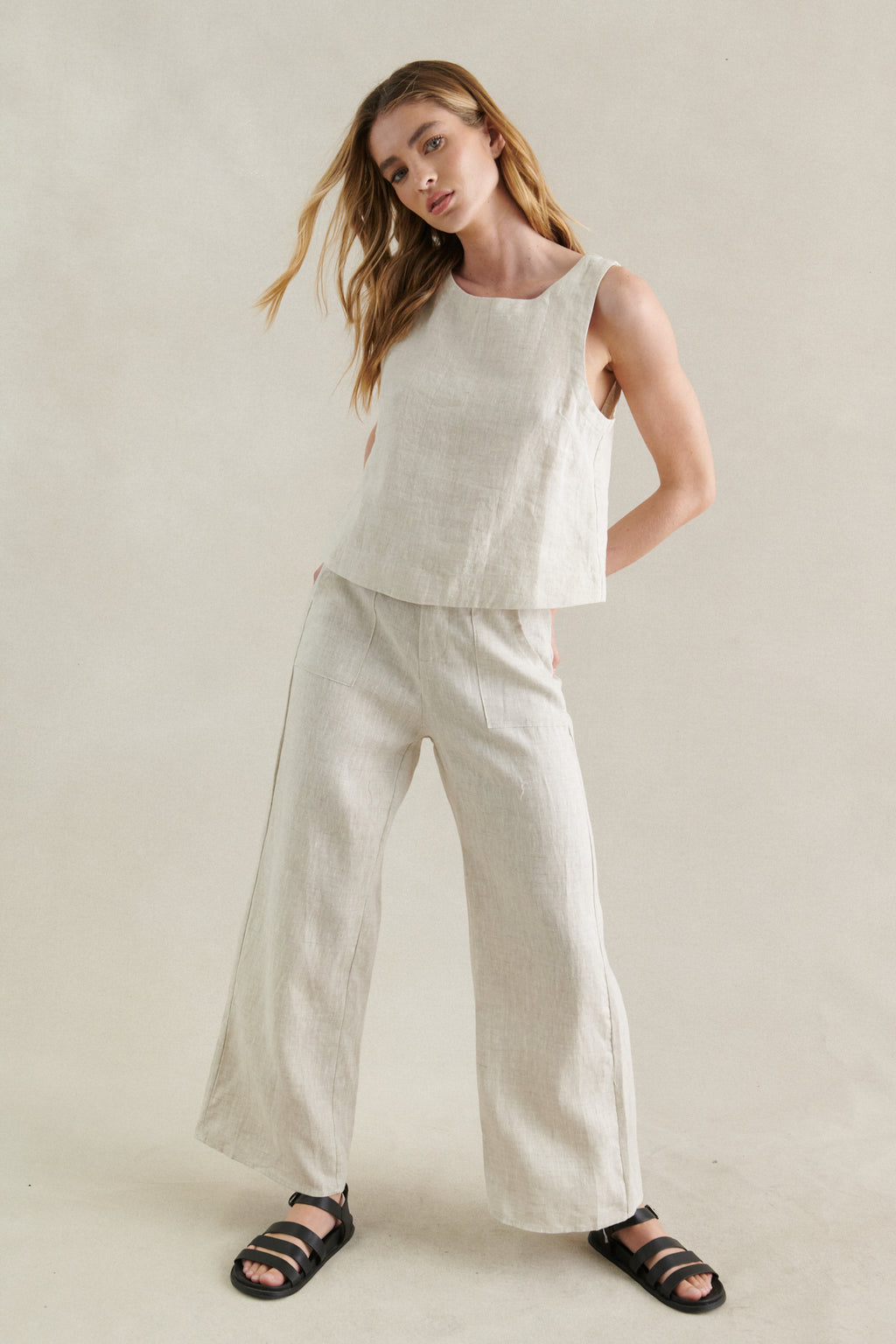 jude linen pants by little lies are a natural fitted pant with wide leg