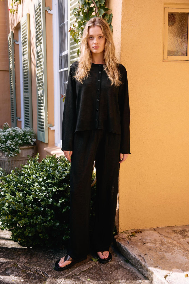 coast pants by little lies are a knitted sheer pant in black with an elastic waist