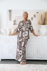 chocolate brown and white printed rayon wide leg pants and matching shirt set by salty bright