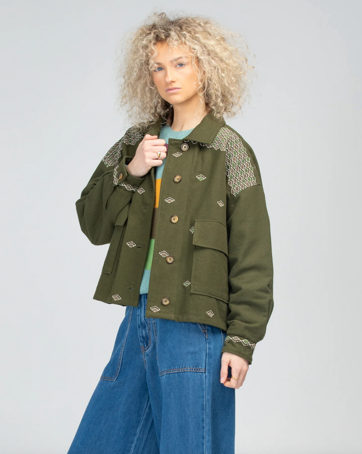 cove jacket by boom shankar is a boho modern army style embroidered bomber jacket