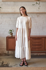 casual dahlia dress in white linen by little lies