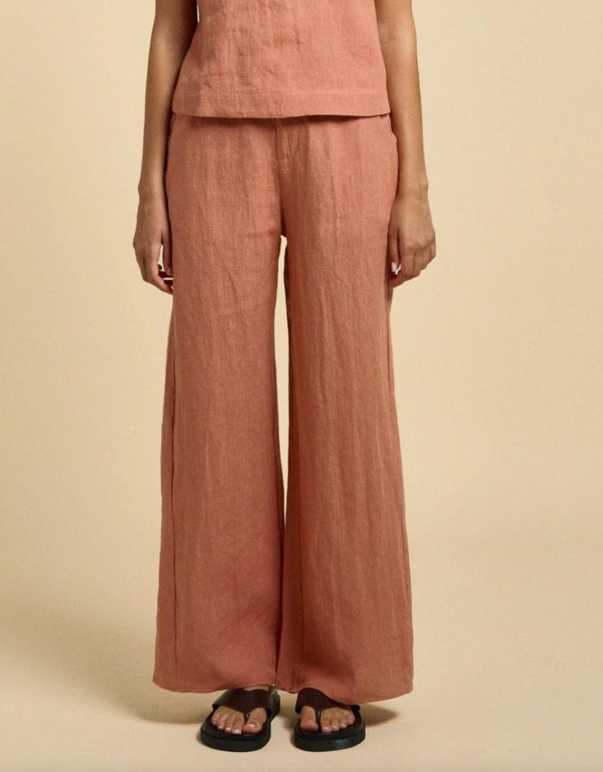 Della linen pants by little lies in a coral shade paired with matching Jude linen top