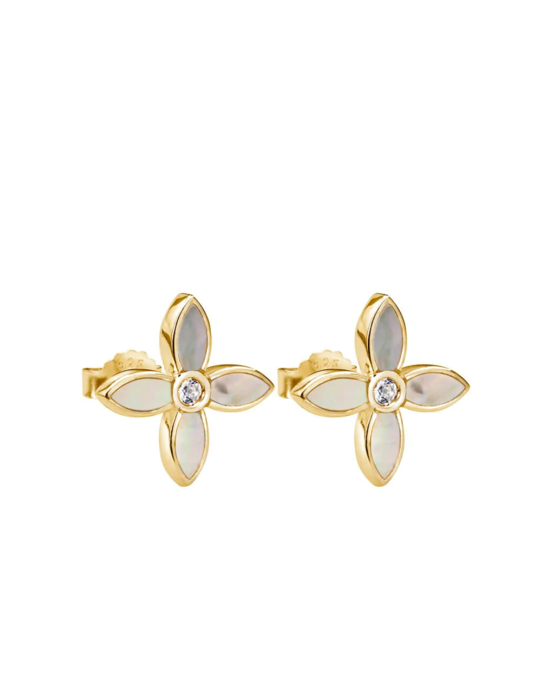 desert flower yellow gold stud earrings by murkani have mother of pearl and white topaz