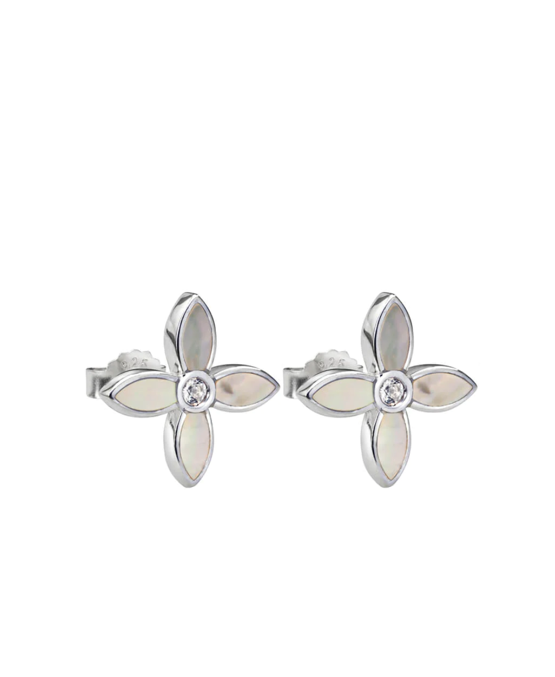 desert flower sterling silver stud earrings by murkani have mother of pearl and white topaz