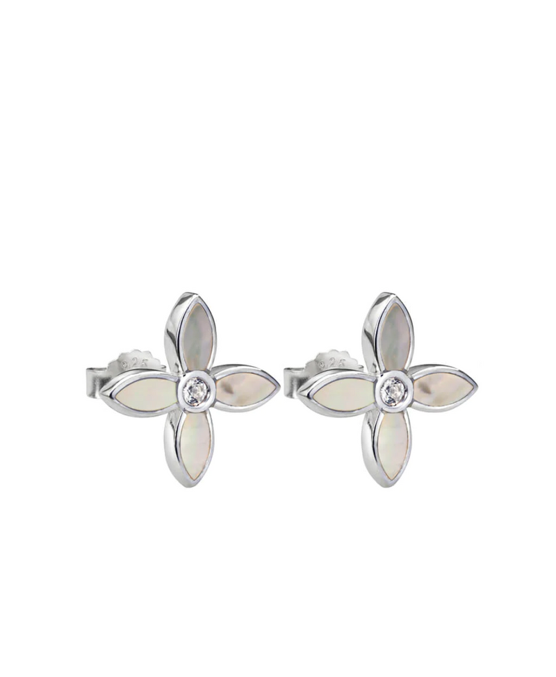 desert flower sterling silver stud earrings by murkani have mother of pearl and white topaz
