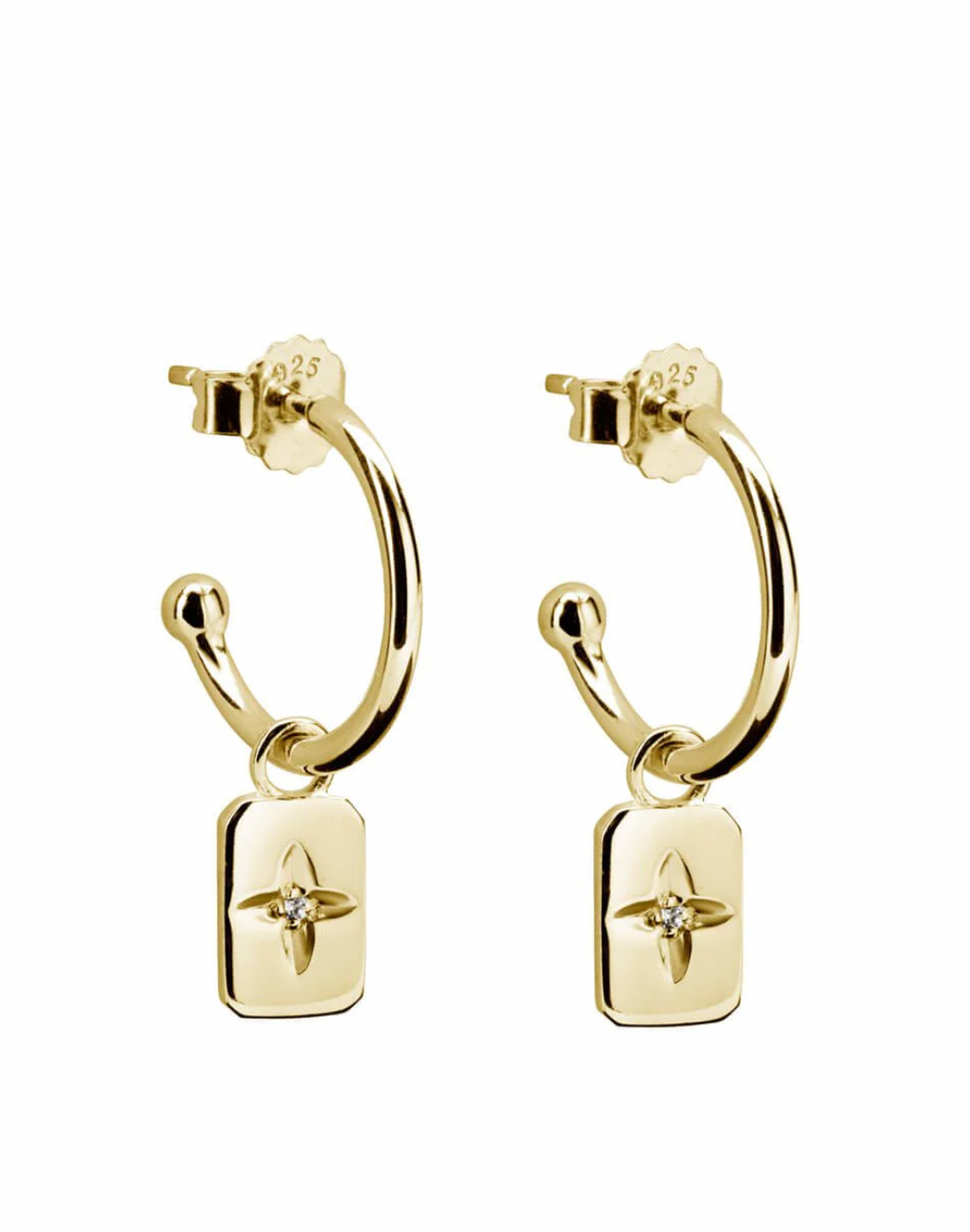 rectange 18 karat yellow gold drop hoop earrings by murkani with white topaz