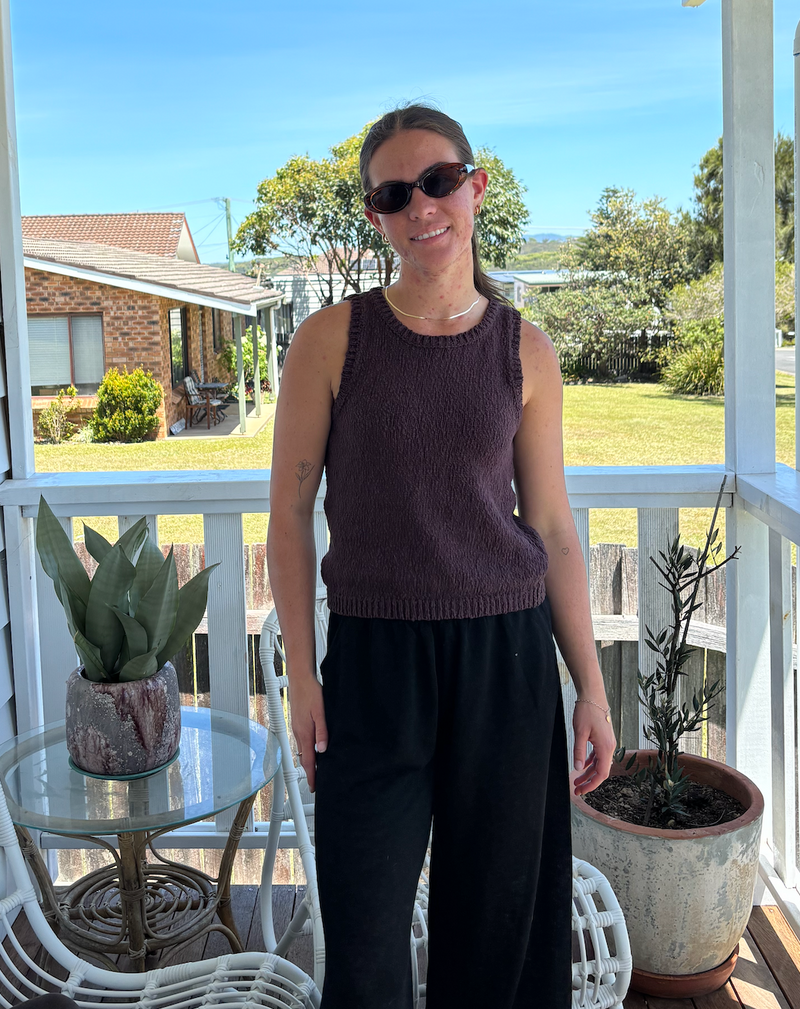 the dolly tank by little lies is a chocolate knitted cotton sleeveless top