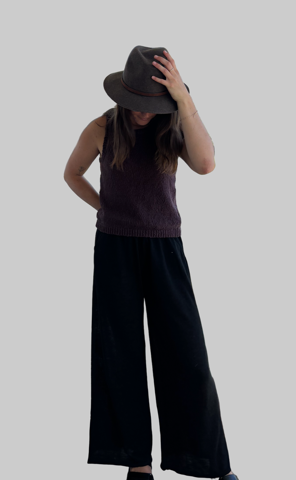 the dolly tank by little lies is a chocolate knitted cotton sleeveless top