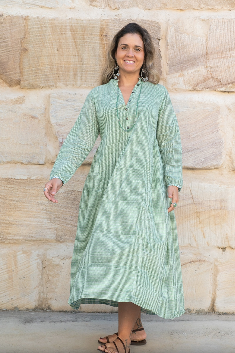 a green and white check cotton block print dress made ethically in india