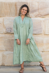 the erika dress by soul song is a cotton green check ethical maxi length dress