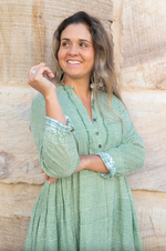 a green and white check cotton block print dress with a vintage style look made ethically in india