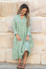 the erika dress by soul song is a cotton green check ethical maxi length dress