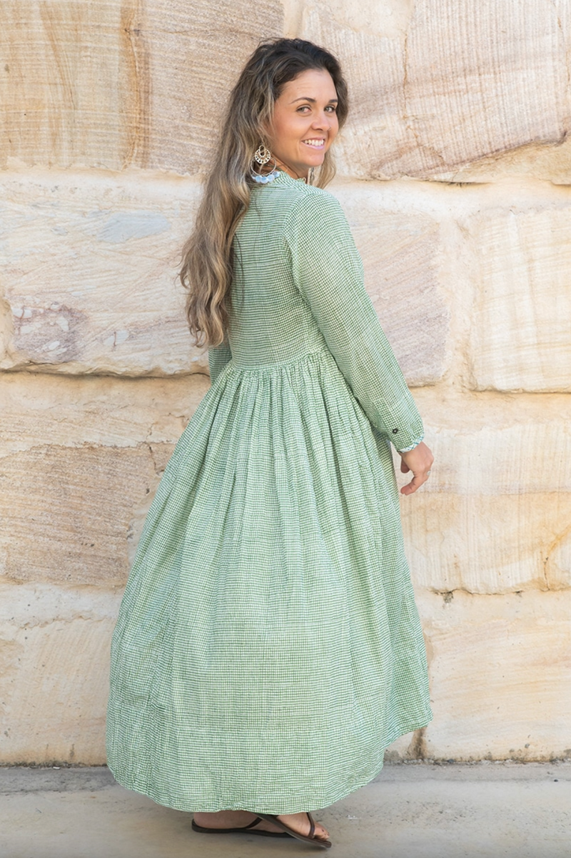 a green and white check cotton block boho print dress made ethically in india