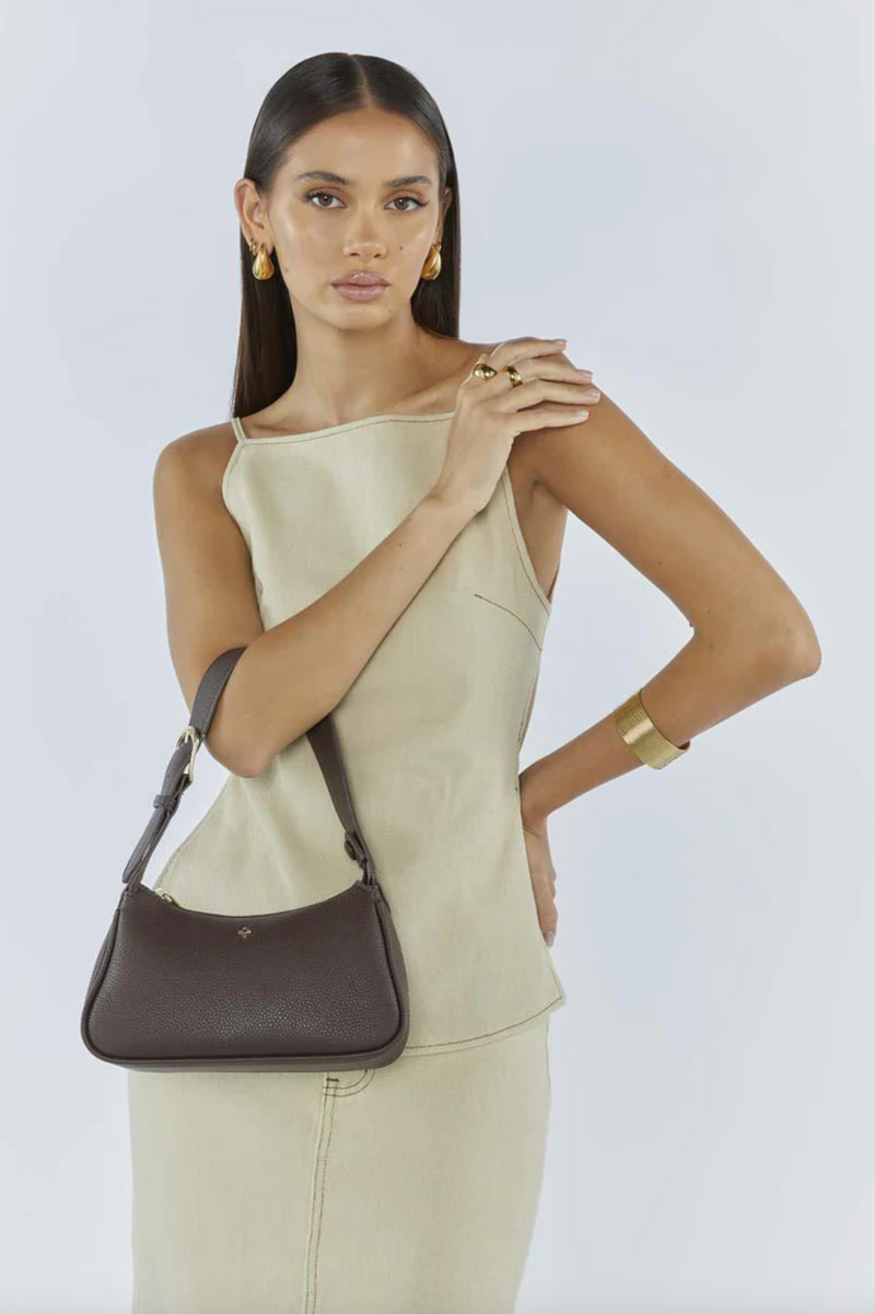 gabi shoulder bag by peta and jain is a vegan leather zip up small bag