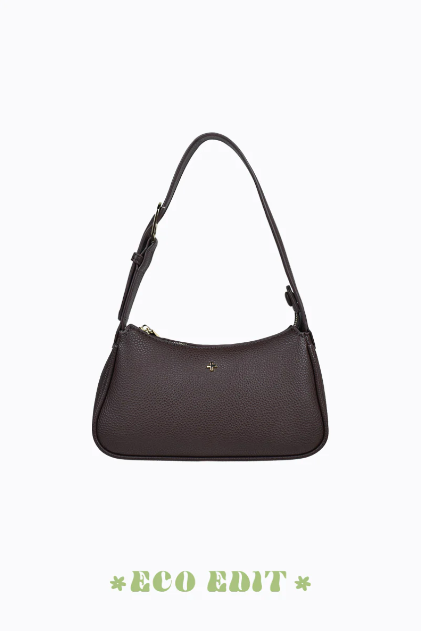 gabi shoulder bag by peta and jain is a vegan leather zip up small bag in chocolate