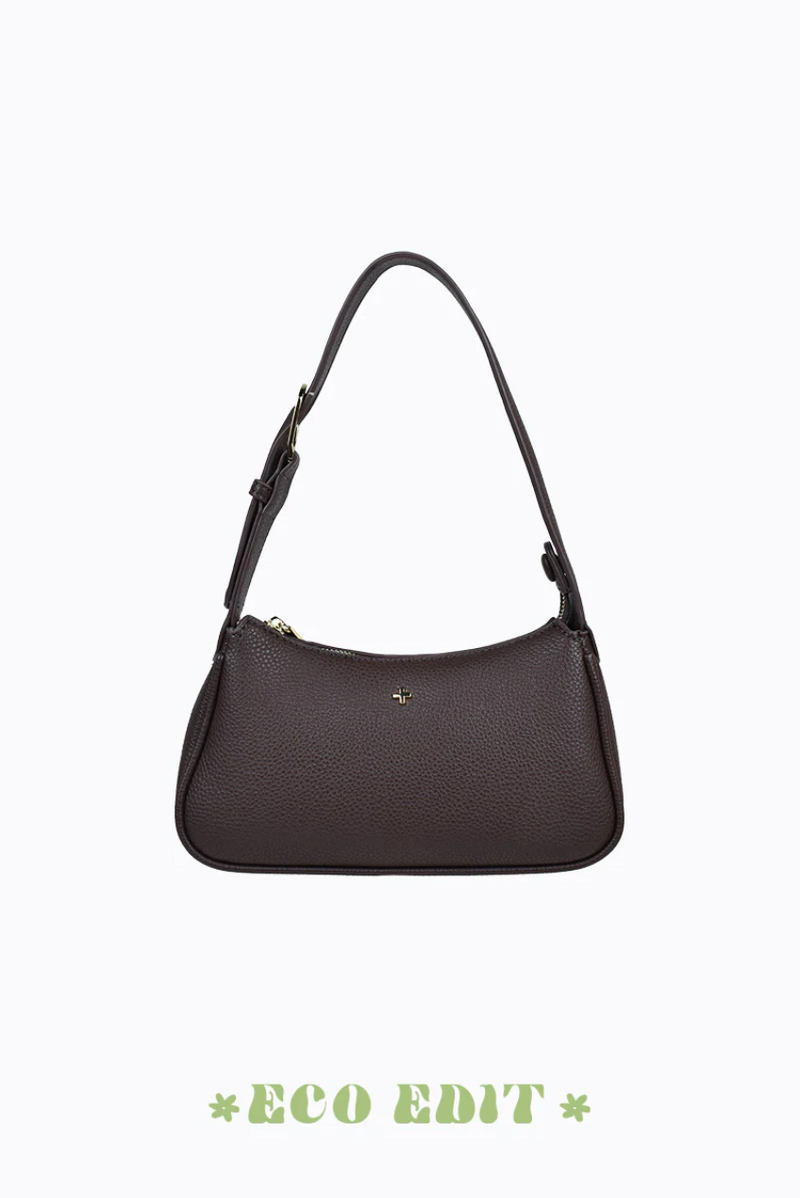 gabi shoulder bag by peta and jain is a vegan leather zip up small bag in chocolate