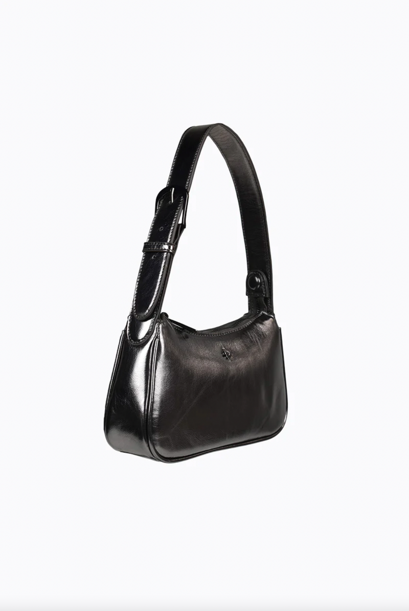 gabi shoulder bag by peta and jain is a vegan leather zip up small bag in gunmetal