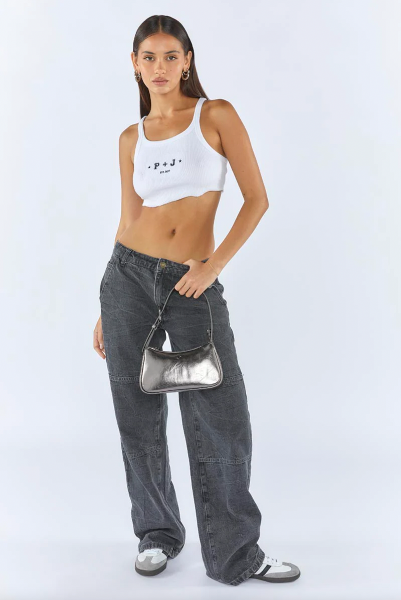 gabi shoulder bag by peta and jain is a vegan leather zip up small bag in gun metal