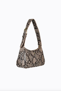 gabi shoulder bag by peta and jain is a vegan leather zip up small bag in snake faux leather