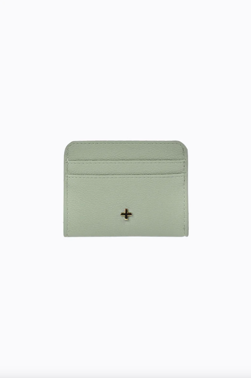 gia card wallet by peta and jain is a faux leather holder for cards in sage green