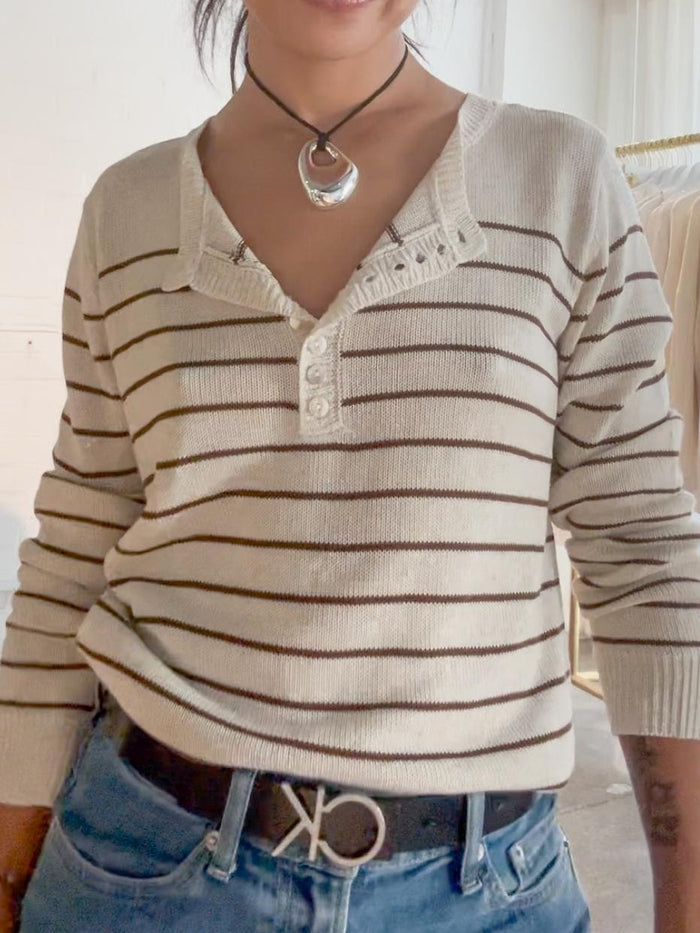 Gia knit by little lies is a beige and chocolate stripe lightweight knitted long sleeve top 