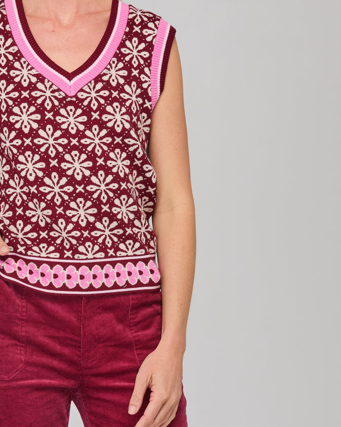 The Gigi Vest by Boom Shankar is a knitted v- neck vest with a geometric pattern