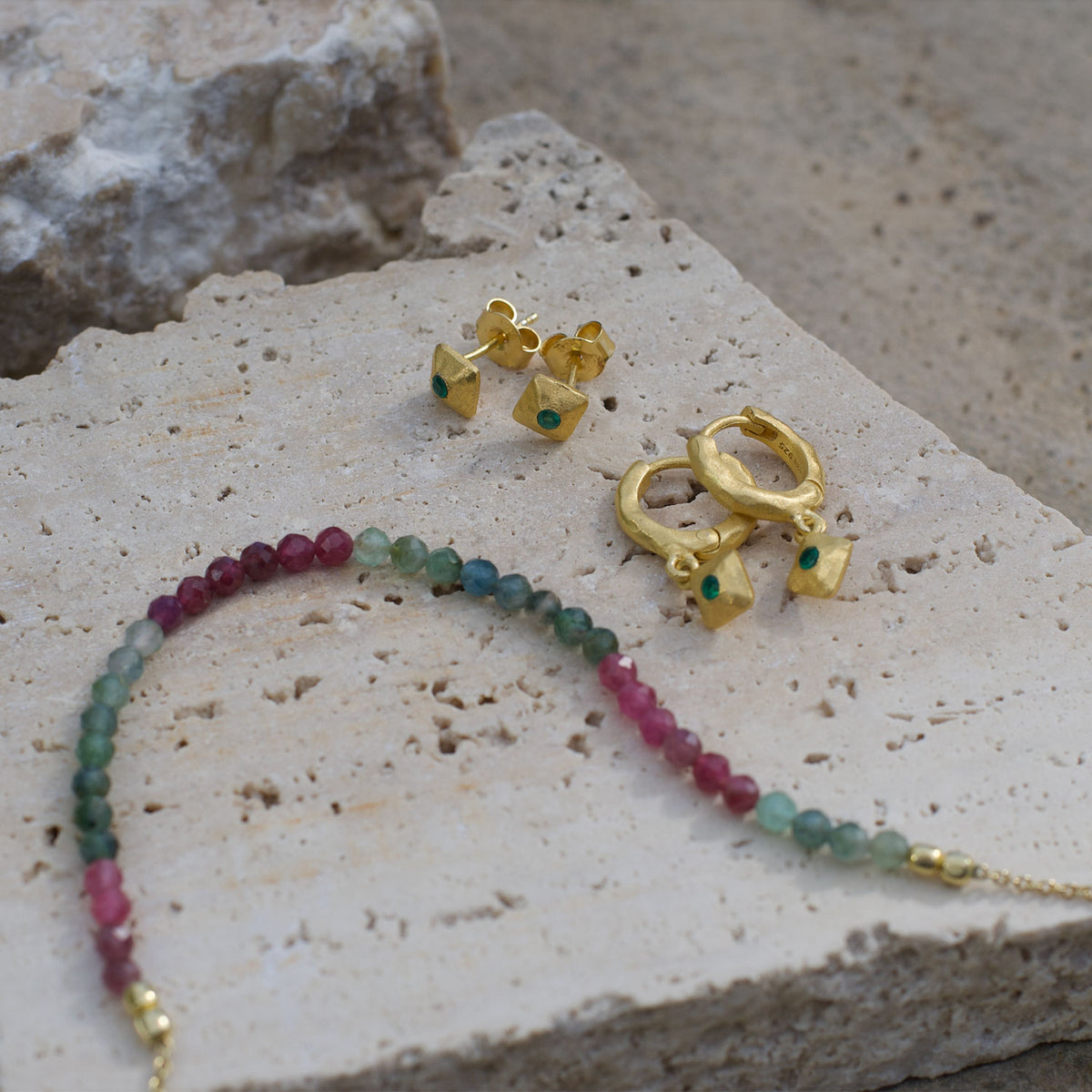 18 karat yellow gold plate stud earrings with green onyx stone